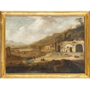 DUTCH ITALIANATE ARTIST, SECOND HALF OF 17TH CENTURY, Ideal Latium landscape with classical ruins, water mirror and figures