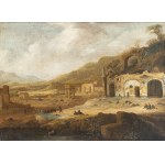 DUTCH ITALIANATE ARTIST, SECOND HALF OF 17TH CENTURY, Ideal Latium landscape with classical ruins, water mirror and figures