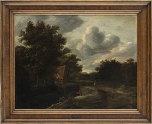 AMBIT OF MEINDERT HOBBEMA (Amsterdam, 1638 - 1709), Landscape with watercourse, fisherman and travellers