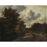 AMBIT OF MEINDERT HOBBEMA (Amsterdam, 1638 - 1709), Landscape with watercourse, fisherman and travellers