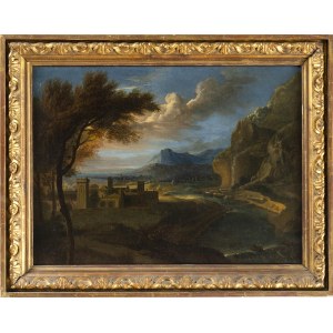 FRENCH ARTIST ACTIVE IN ROME, SECOND HALF 17th CENTURY, Landscape with turreted village, river and waterfall