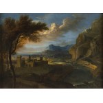 FRENCH ARTIST ACTIVE IN ROME, SECOND HALF 17th CENTURY, Landscape with turreted village, river and waterfall