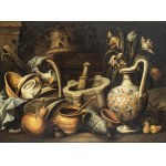 ANTONIO CALZA (Verona, 1653 - 1725), ATTRIBUTED TO, Still life with crockery, mortar and vase of flowers