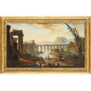 ARTIST ACTIVE IN ROME, 18th CENTURY, Ideal Latium view with ruins, corinthian temple, circular temple, aqueduct and figures by a stream