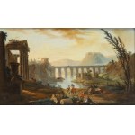 ARTIST ACTIVE IN ROME, 18th CENTURY, Ideal Latium view with ruins, corinthian temple, circular temple, aqueduct and figures by a stream