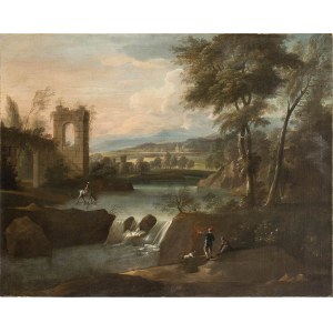 VENETIAN ARTIST, FIRST HALF OF 18th CENTURY, Landscape with watercourse, ruins and figures