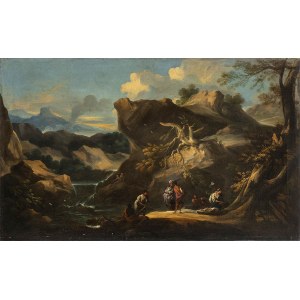 VENETIAN ARTIST, FIRST HALF OF 18th CENTURY, Landscape with rocks, watercourse and fishermen in the foreground