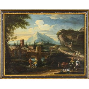 TOMMASO PORTA, (Brescia, 1689 - Verona, 1768), ATTRIBUTED TO, Landscape with figures, bridge and watercourse