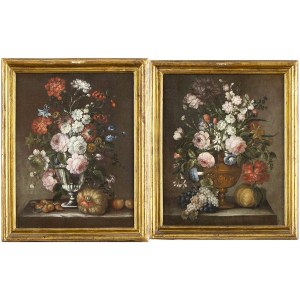 NEAPOLITAN SCHOOL, FIRST HALF OF 18th CENTURY, a) Vase of flowers with pumpkin and pears; b) Vase of flowers with pumpkin and grapes. Pair of paintings