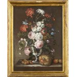 NEAPOLITAN SCHOOL, FIRST HALF OF 18th CENTURY, a) Vase of flowers with pumpkin and pears; b) Vase of flowers with pumpkin and grapes. Pair of paintings