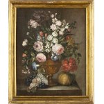 NEAPOLITAN SCHOOL, FIRST HALF OF 18th CENTURY, a) Vase of flowers with pumpkin and pears; b) Vase of flowers with pumpkin and grapes. Pair of paintings