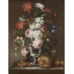 NEAPOLITAN SCHOOL, FIRST HALF OF 18th CENTURY, a) Vase of flowers with pumpkin and pears; b) Vase of flowers with pumpkin and grapes. Pair of paintings