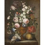 NEAPOLITAN SCHOOL, FIRST HALF OF 18th CENTURY, a) Vase of flowers with pumpkin and pears; b) Vase of flowers with pumpkin and grapes. Pair of paintings