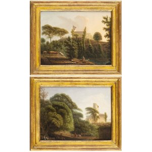 JEAN-VICTOR BERTIN (Paris, 1767 - 1842), ATTRIBUTED TO, a) Landscape with washerwoman, herdsmen, watercourse and farm with aviary in the background; b) Landscape with washerwomen, shepherds and farm with aviary in the background. Pair of paintings