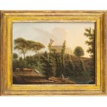 JEAN-VICTOR BERTIN (Paris, 1767 - 1842), ATTRIBUTED TO, a) Landscape with washerwoman, herdsmen, watercourse and farm with aviary in the background; b) Landscape with washerwomen, shepherds and farm with aviary in the background. Pair of paintings