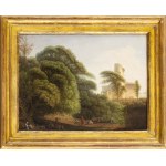 JEAN-VICTOR BERTIN (Paris, 1767 - 1842), ATTRIBUTED TO, a) Landscape with washerwoman, herdsmen, watercourse and farm with aviary in the background; b) Landscape with washerwomen, shepherds and farm with aviary in the background. Pair of paintings