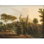 JEAN-VICTOR BERTIN (Paris, 1767 - 1842), ATTRIBUTED TO, a) Landscape with washerwoman, herdsmen, watercourse and farm with aviary in the background; b) Landscape with washerwomen, shepherds and farm with aviary in the background. Pair of paintings