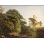 JEAN-VICTOR BERTIN (Paris, 1767 - 1842), ATTRIBUTED TO, a) Landscape with washerwoman, herdsmen, watercourse and farm with aviary in the background; b) Landscape with washerwomen, shepherds and farm with aviary in the background. Pair of paintings