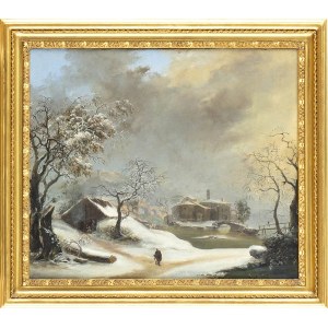 FRANCESCO FOSCHI (Ancona, 1710 - Rome, 1780), Winter landscape with wayfarer and bridge in the background