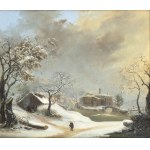 FRANCESCO FOSCHI (Ancona, 1710 - Rome, 1780), Winter landscape with wayfarer and bridge in the background