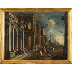 GIOVANNI PAOLO PANINI (Piacenza, 1691 ca. - Rome, 1765), Ideal view with monumental buildings, harbour and figures