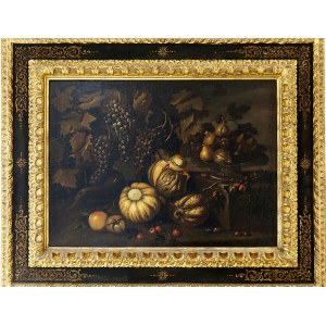 MICHELANGELO CERQUOZZI (Rome, 1602 - 1660), ATTRIBUTED TO, Still life with grapes, pumpkins, peaches, azarole, figs and blackberries in a landscape