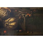 MICHELANGELO CERQUOZZI (Rome, 1602 - 1660), ATTRIBUTED TO, Still life with grapes, pumpkins, peaches, azarole, figs and blackberries in a landscape