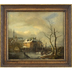 IGNATIUS JHOSEPHUS ROGER REGEMORTER (Anversa, 1785 - 1873), Winter landscape with a village and figures on the frozen lake