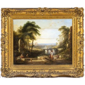 FOLLOWER OF CLAUDE LORRAIN, 19th CENTURY, Ideal landscape with ruins, bridges and figures