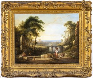 FOLLOWER OF CLAUDE LORRAIN, 19th CENTURY, Ideal landscape with ruins, bridges and figures