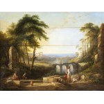 FOLLOWER OF CLAUDE LORRAIN, 19th CENTURY, Ideal landscape with ruins, bridges and figures