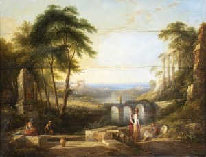 FOLLOWER OF CLAUDE LORRAIN, 19th CENTURY, Ideal landscape with ruins, bridges and figures