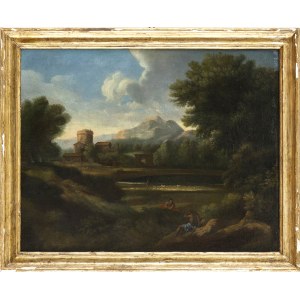 ARTIST ACTIVE IN ROME, LATE 17th / EARLY 18th CENTURY, Landscape with shepherds, flock of sheep, arch and donjon in the background