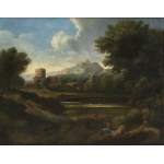 ARTIST ACTIVE IN ROME, LATE 17th / EARLY 18th CENTURY, Landscape with shepherds, flock of sheep, arch and donjon in the background