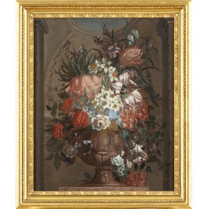 DUTCH ARTIST, FIRST HALF 18th CENTURY, Flower vase on pedestal within a niche with oculus