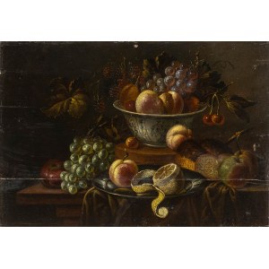 FLEMISH ARTIST, 18th CENTURY, Still life of fruit with lemon and peach on a silver plate