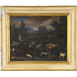 NORBERT VAN BLOEMEN (Antwerp, 1670 - Amsterdam, 1746), ATTRIBUTED TO, Landscape with shepherds and herds