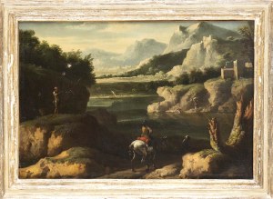 JAN FRANS VAN BLOEMEN (Antwerp, 1662 - Rome, 1749) AND PIETER VAN BLOEMEN (Antwerp, 1670 - Amsterdam, 1746), ATTRIBUTED TO, Landscape with water mirror, washerwomen and horseman in foreground