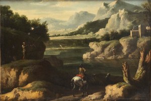 JAN FRANS VAN BLOEMEN (Antwerp, 1662 - Rome, 1749) AND PIETER VAN BLOEMEN (Antwerp, 1670 - Amsterdam, 1746), ATTRIBUTED TO, Landscape with water mirror, washerwomen and horseman in foreground