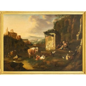 CIRCLE OF ABRAHAM JANSZ BEGEYN (Leiden, 1638 - Berlin, 1697 ), Landscape with ruins and herds