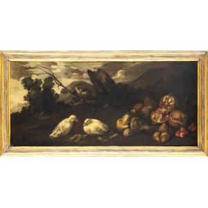 GIOVANNI AGOSTINO CASSANA (Genoa, 1658 - 1720), ATTRIBUTED TO, Still life with fruit and two doves in a landscape