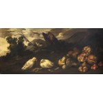 GIOVANNI AGOSTINO CASSANA (Genoa, 1658 - 1720), ATTRIBUTED TO, Still life with fruit and two doves in a landscape