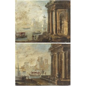 NEAPOLITAN ARTIST, FIRST HALF OF 18th CENTURY, a) Coastal Capriccio with Doric temple, statue of Marcus Aurelius, figures and boats; b) Coastal Capriccio with Doric temple, large fountain, figures and boats. Pair of paintings