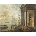 NEAPOLITAN ARTIST, FIRST HALF OF 18th CENTURY, a) Coastal Capriccio with Doric temple, statue of Marcus Aurelius, figures and boats; b) Coastal Capriccio with Doric temple, large fountain, figures and boats. Pair of paintings