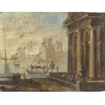 NEAPOLITAN ARTIST, FIRST HALF OF 18th CENTURY, a) Coastal Capriccio with Doric temple, statue of Marcus Aurelius, figures and boats; b) Coastal Capriccio with Doric temple, large fountain, figures and boats. Pair of paintings