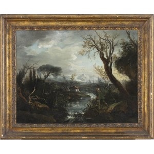 PIEDMONTESE ARTIST, 18th CENTURY, Landscape with river and hunter