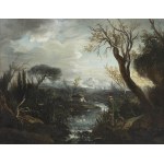 PIEDMONTESE ARTIST, 18th CENTURY, Landscape with river and hunter
