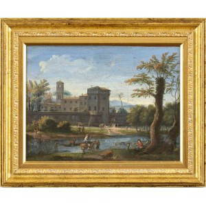 ARTIST ACTIVE IN ROME, FIRST HALF OF 18th CENTURY, Landscape with watercourse, figures and castle in the background