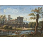ARTIST ACTIVE IN ROME, FIRST HALF OF 18th CENTURY, Landscape with watercourse, figures and castle in the background