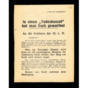 Byl jsi uvězněn v kotli smrti! Sovětský vojenský propagandistický leták adresovaný německým vojákům 12. L. D., Gdaňsk, druhá světová válka (26)